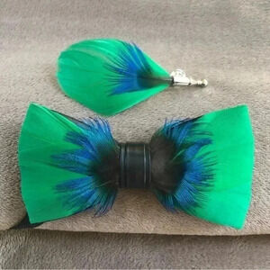 Kelly Green & Blue Luxury Leather Feather Bowtie and Lapel Pin Set Italy Formal
